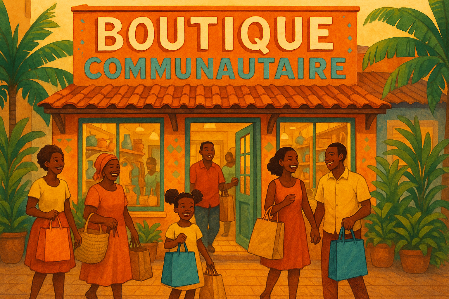 une boutique complete tant aimée par les gens en train d'etre tres heureux de ce qu'ils ont acheté, la boutique s'appelle boutique communautaire